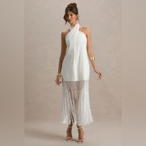 Club L London Ecru Fringe Halter Maxi Dress Size 6